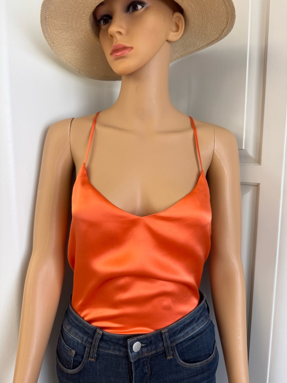 L'AGENCE Satin Spaghetti Strap Cami in Bright Orange